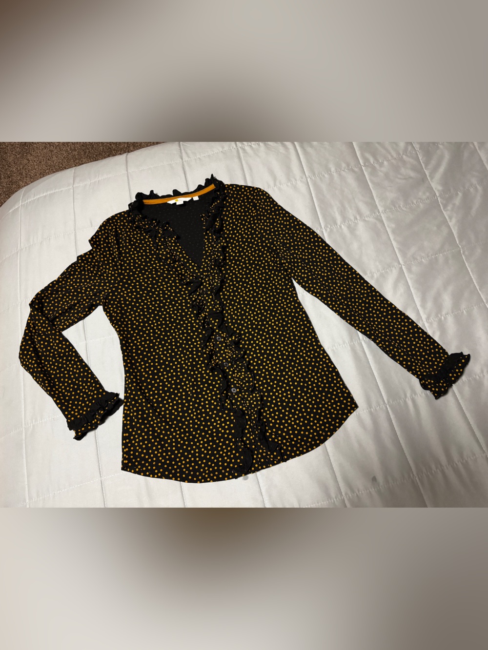 Boden Black Yellow Polka Dot V-Neck Ruffle Button Long Sleeve Blouse Size US 8